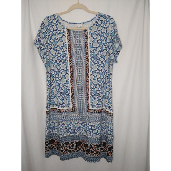 J Jill Floral Mix Print Short Sleeve Dress Size Petite Large Blue shift sheath - Picture 1 of 9